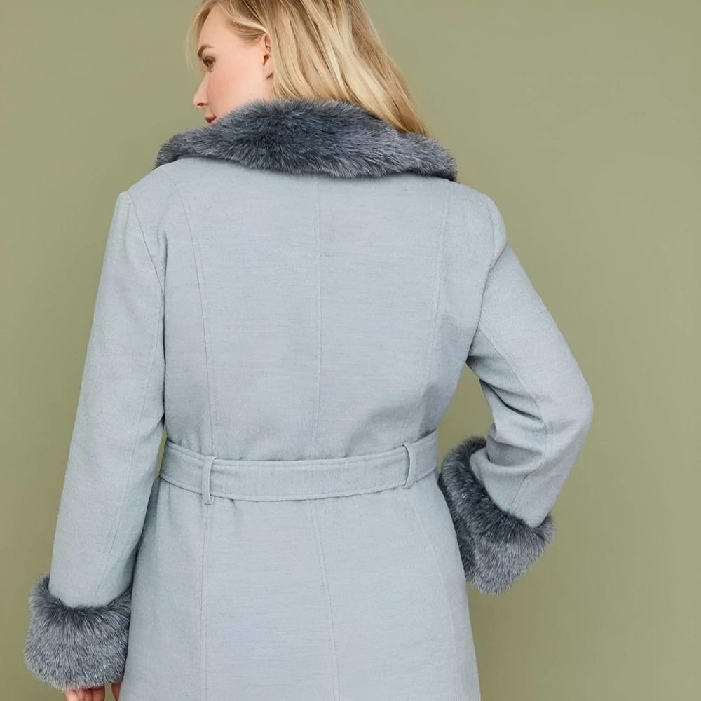 Lane Bryant Grey Full Length Trench Coat with Faux Fur Trim Size 10/12 - Picture 4 of 12